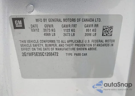 2012 Chevrolet Impala Ls z USA, uszkodzony, nr VIN 2G1WF5E35C1268472